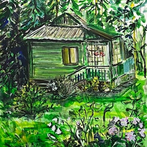 Casa de campo con jardines. Pintura original de la artista ucraniana M. Stognieva.