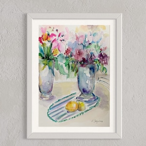 Fleurs dans un vase, lys lilas, aquarelle originale de l&#39;artiste ukrainienne Marina Stognieva