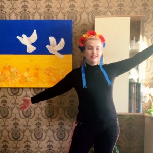 Ukrainian flag with doves of peace , original art on canvas by Ukrainian Artist Marina Stognieva