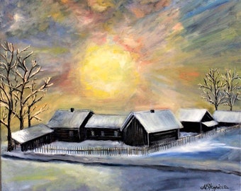 Inverno, neve, grande (50*60 cm) dipinto a olio originale su tela, il paesaggio «La nascita del sole», un villaggio ucraino, dipinto originale,