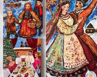 May include: A set of three folk art paintings depicting winter scenes. One shows figures in traditional clothing, another a couple dancing, and the third a festive dinner. The paintings feature vibrant colors and a textured, brushstroke style.