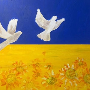 Ukrainian flag and doves of peace, digital poster original oil painting by Ukrainian artist M.Stognieva Printable Art Download and print JPG