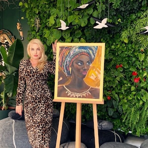 Olieverfschilderij Afrikaanse vrouw, ingelijste portretkunst door Marina Stognieva, 20 x 24 inch