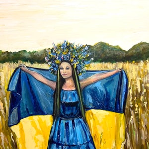 Ukraine, Ukrainian flag,Ukrainian woman in the field, original painting on canvas, created by Ukrainian artist Marina Stognieva
