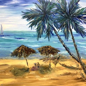 Beach , sea,palms,vacation Large original oil painting , palm trees, sea, couple on the beach, sunny day by Ukrainian artist M. Stognieva