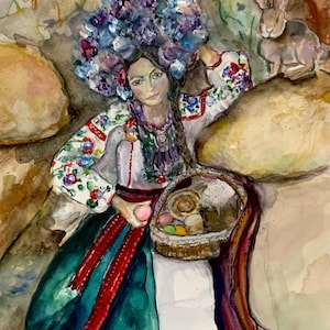 Easter in Ukraine, 2022 Ukrainian in national clothes, original watercolor painting, by Ukrainian artist Marina Stognieva