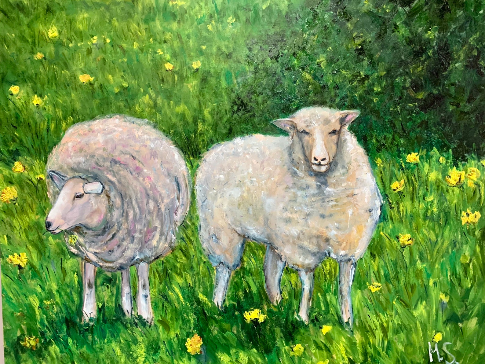 Sheep in the Field, Flowers, Meadow. Original Oil Painting on Canvas ...