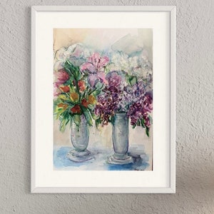Fleurs, lilas dans un vase, aquarelle originale de l&#39;artiste ukrainienne Marina Stognieva
