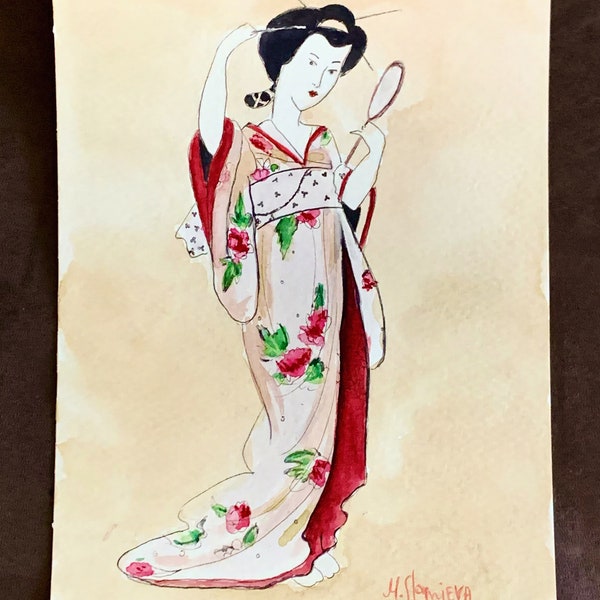 Geisha japonaise, une fille en kimono et un miroir dans les mains. Aquarelle originale de M.Stognieva