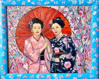 Mujeres japonesas, geisha, primavera de sakura, flor, flores, Pintura al óleo original sobre lienzo, marco como regalo para usted, hecho de pino, pintado a mano.