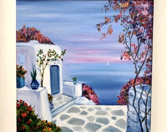 Santorini Greece Seascape Oil Painting, Sunset, 12x12 Framed Canvas