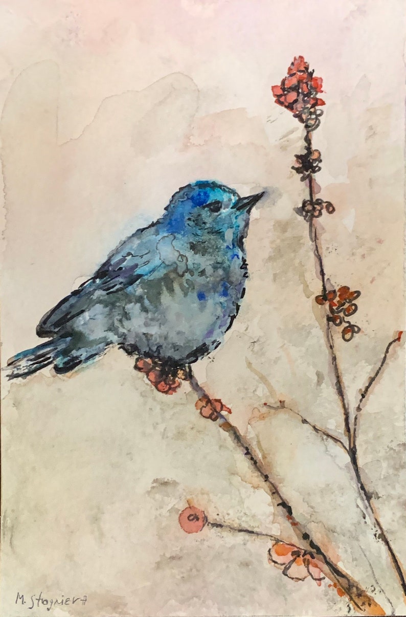 original watercolor. A beautiful blue bird on a branch