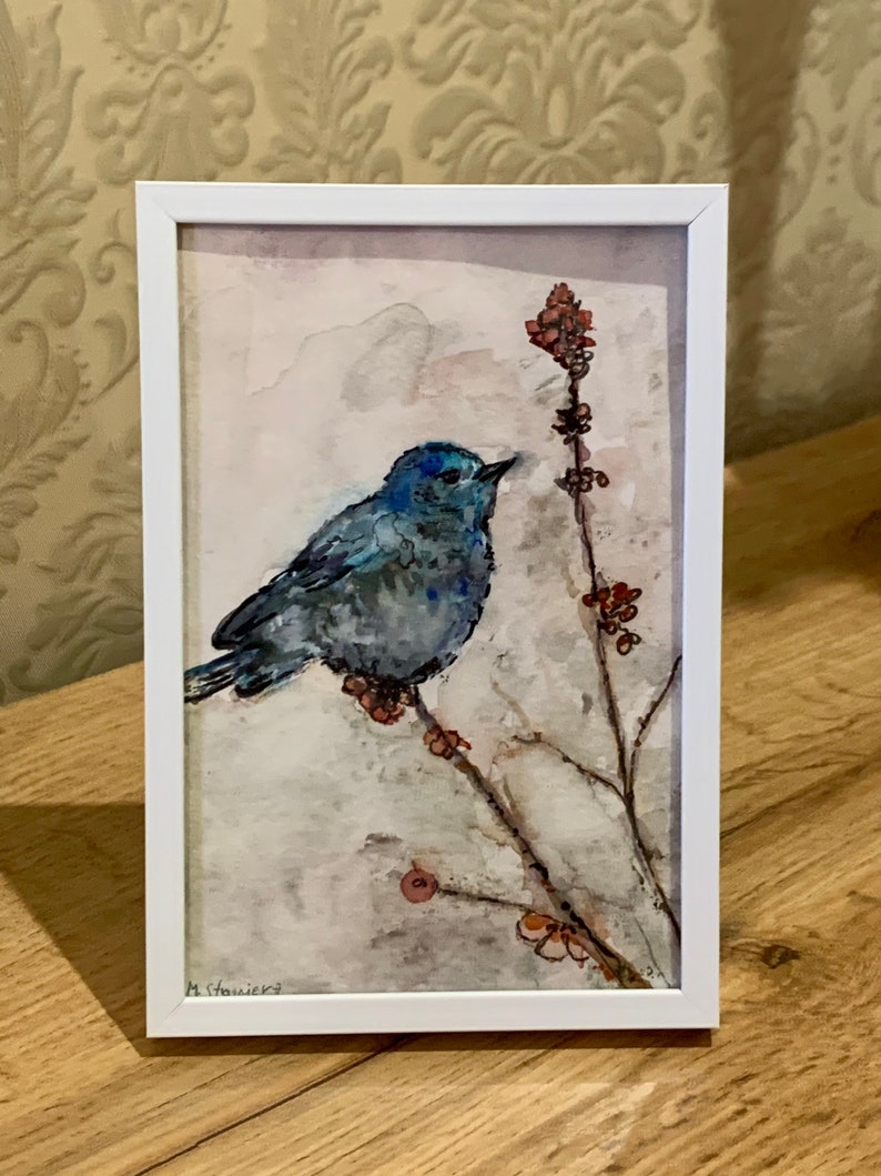 original watercolor. A beautiful blue bird on a branch