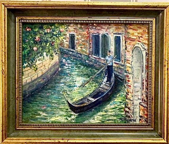 ベネチア運河の油絵、ゴンドラ、額装キャンバスアート（8x10インチ