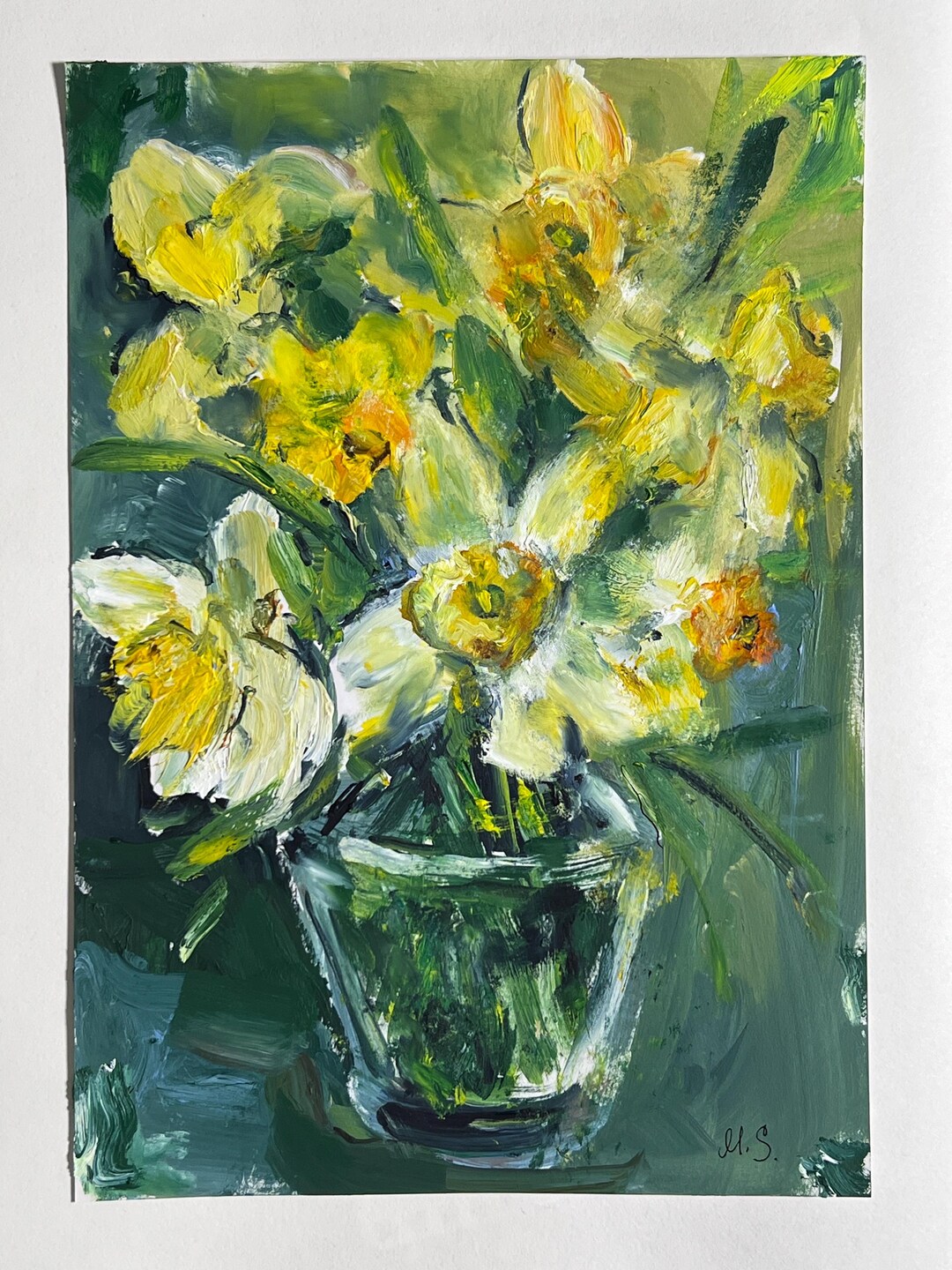 Original Oil Painting Daffodils in Vase – Textured Yellow Spring ...
