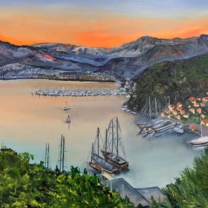 Türkische Küste,großes original Ölgemälde 60 * 80 cm, original Ölgemälde auf Leinwand, Schiffe und Yachten, Sonnenuntergang.