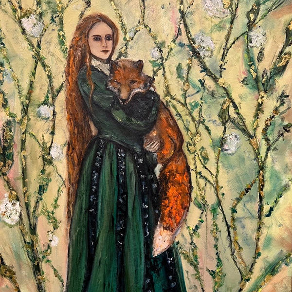 Foxes, Redhead lady with a fox, original oil art on canvas, artist Marina Stognieva