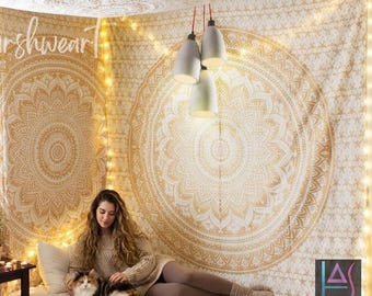 Gobelin z mandalą Golden Ombre Queen, duży narzuta na łóżko w stylu boho, medytacja, wiszący na ścianie, gobeliny hipisowskie, koc plażowy w stylu boho, sofa