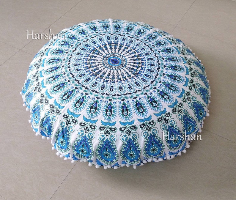 Boho Mandala Round Floor Cushion Cover Blue Ottoman Meditation Throw Pouf Pillow Covers Bohemian Dog Seating Pet Bedding 32