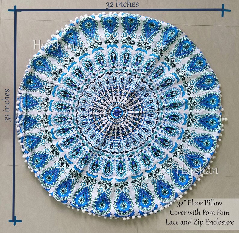 Boho Mandala Round Floor Cushion Cover Blue Ottoman Meditation Throw Pouf Pillow Covers Bohemian Dog Seating Pet Bedding 32