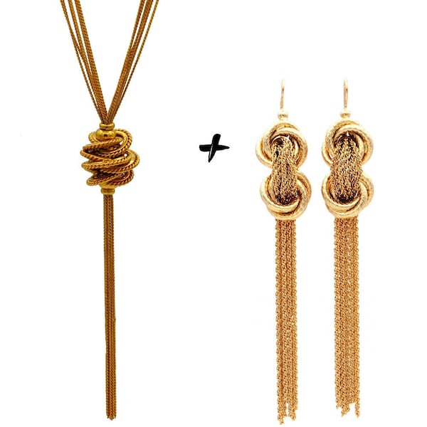 gift set ideas for women - GOLD tassel necklace + earrings Art Deco statement necklace OPERA