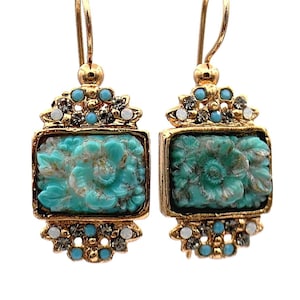 TURQUOISE EARRINGS gift ideas for women Vintage jewelry Bakelite Turquoise flower earrings in Venitian 14K gold earrings - 3 colors ROSIERS