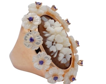 Vintage cameo ring with shell and mother-of-pearl flowers, vermeil 925 Rose gold, USA size 7 1/2