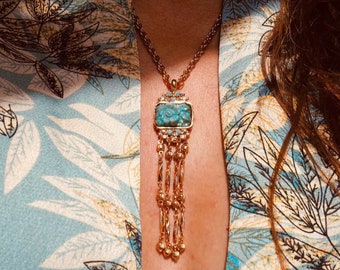 Turquoise Pendant Necklace | Tassel Pendant Necklace | Gold Tassel Necklace | 14k Venetian Gold | Layering Necklace  Turquoise Stone ROSIERS