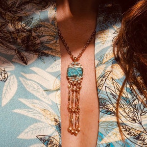 Turquoise Pendant Necklace | Tassel Pendant Necklace | Gold Tassel Necklace | 14k Venetian Gold | Layering Necklace  Turquoise Stone ROSIERS