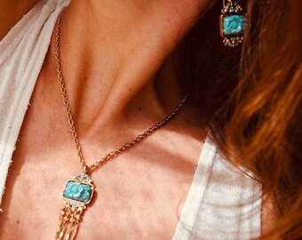Turquoise Jewelry Set | Anniversary Gift | Turquoise Pendant Necklace | Turquoise Earrings | Gold Tassel Necklace | Art Nouveau Jewelry