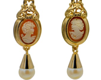 Cammeo dormiente in oro antico - Regalo da donna - Orecchini di perle LOUVRE