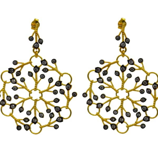 Boucles d'oreilles en or 14 carats et argent 925 façon dentelle et pierres naturelles et semi précieuses