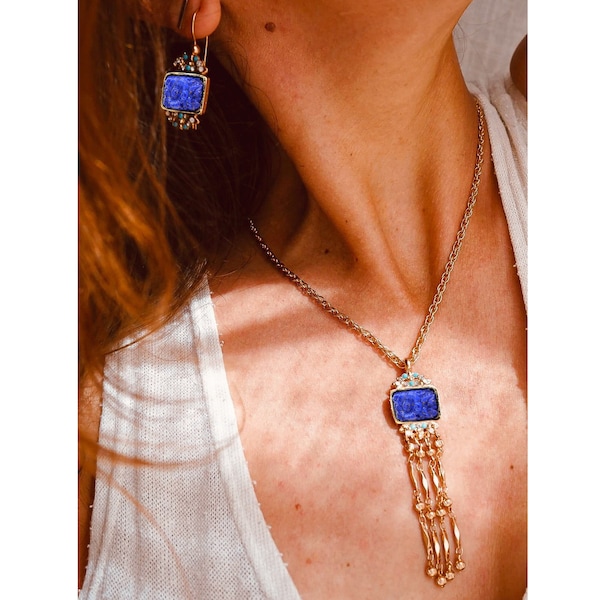 Cadeau femme parure pendentif lapis lazuli + Dormeuses Bijoux Art deco collier pierre semi precieuse bakelite 3 couleurs - ROSIERS