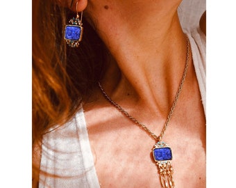 Lapis Lazuli Jewelry Set | Anniversary Gift | Lapis Lazuli Pendant Necklace | Lapis Earrings | Gold Tassel Necklace | Art Nouveau Jewelry