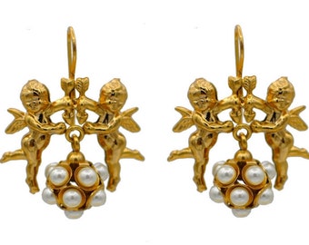 Cherub Angel Earrings | Anniversary Gift | Dangle Earrings | Pearl Drop Earrings | gift ideas | 14k Venetian Gold | Statement Earrings