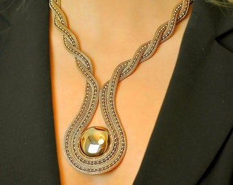 woven bib necklace, rose gold bib necklace, Statement necklace, 7th anniversary gift, 14K gold bib necklace