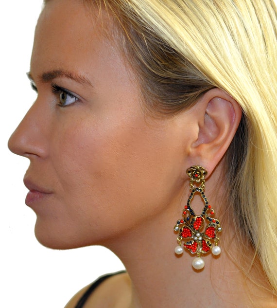 Boucles D'oreilles Clous Vintage Perle Corail Véritable - Couleur Argent - Référence 2839 - Occasion Très Bon état