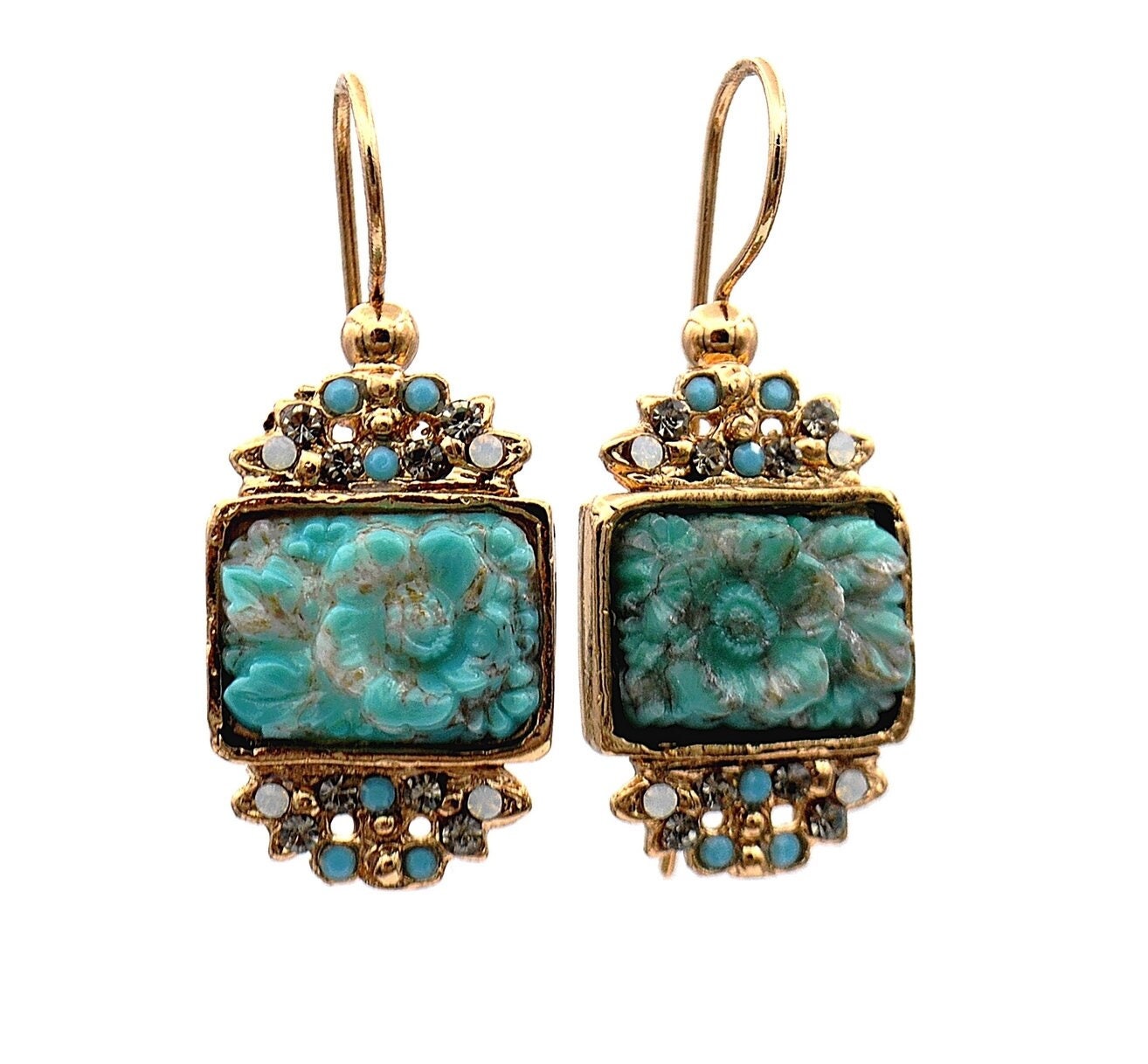 TURQUOISE EARRINGS gift ideas for women Vintage jewelry Bakelite Turquoise flower earrings in Venitian 14K gold earrings - 3 colors ROSIERS