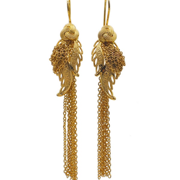 Leaf earrings, 14K gold earrings, tassel earrings, pompom earrings, rose gold earrings, copper earring