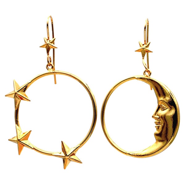 Celestial Hoop Earrings | Moon Earrings | Star Earrings | Celestial Jewelry | 14k Venetian Gold | Mismatched Earrings | Hoop MONTMARTRE