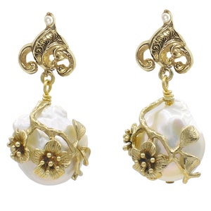 Baroque Pearl Earrings | Bridal Jewelry | Pearl Dangle Earrings | Wedding Earrings | Art Nouveau Earrings | Pearl Floral Earrings