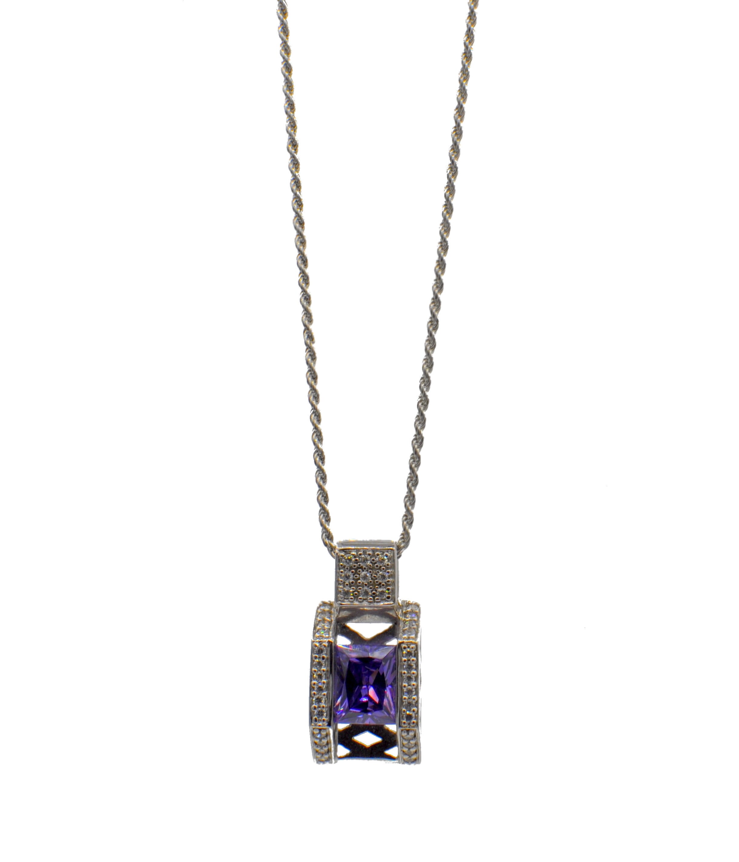 Collier Ancien En Argent Avec Pendentif Et Améthyste - Occasion, Plaque Plaquée Argent