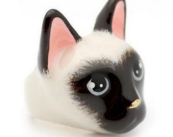 CAT RING, Enamel ring, siamese cat, Cat face ring, Cocktail ring, cat jewelry, Animal ring, Statement ring