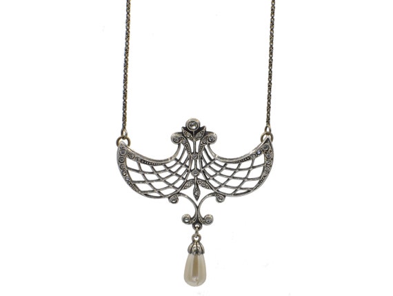 Ancien Pendentif Argenté Art Nouveau Avec Pierre Minérale – Breloque Ethnique Unique
