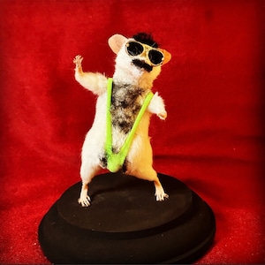 May include: A small, white mouse wearing sunglasses and a green swimsuit is posed on a black circular base. The mouse has black hair and a moustache.