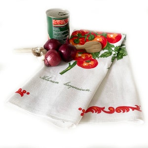 Theedoek Italiaanse tomaten spaghetti pasta puur Iers linnen VINTAGE jaren 1970