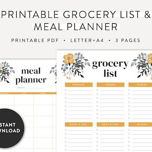 Floral Grocery List & Meal Planner Printable, Grocery List Template, Meal Planner Printable, Grocery Planner, Meal Planning, Shopping List