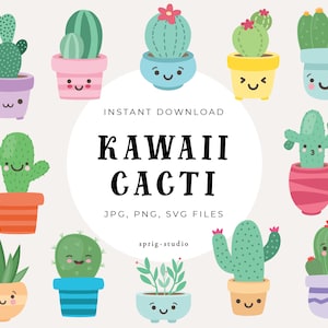 Kawaii Cute Cactus Clipart - Sappige Clipart, Verjaardagsfeestje, Cactus, Cactus Leuke Illustraties - Instant Download