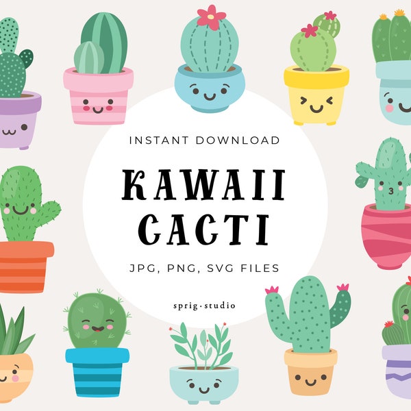 Kawaii Cute Cactus Clipart - Succulent Clipart, Birthday Party, Cacti, Cactus Cute Illustrations - Instant Download