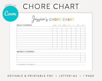 Chore Chart For Kids Printable, Reward Chart, Responsibility Chart, Kids Chore Chart, Editable Chore Chart, Weekly Chore Chart, Daily Chores